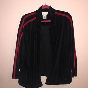 Black velvet zip up jacket with red stripes